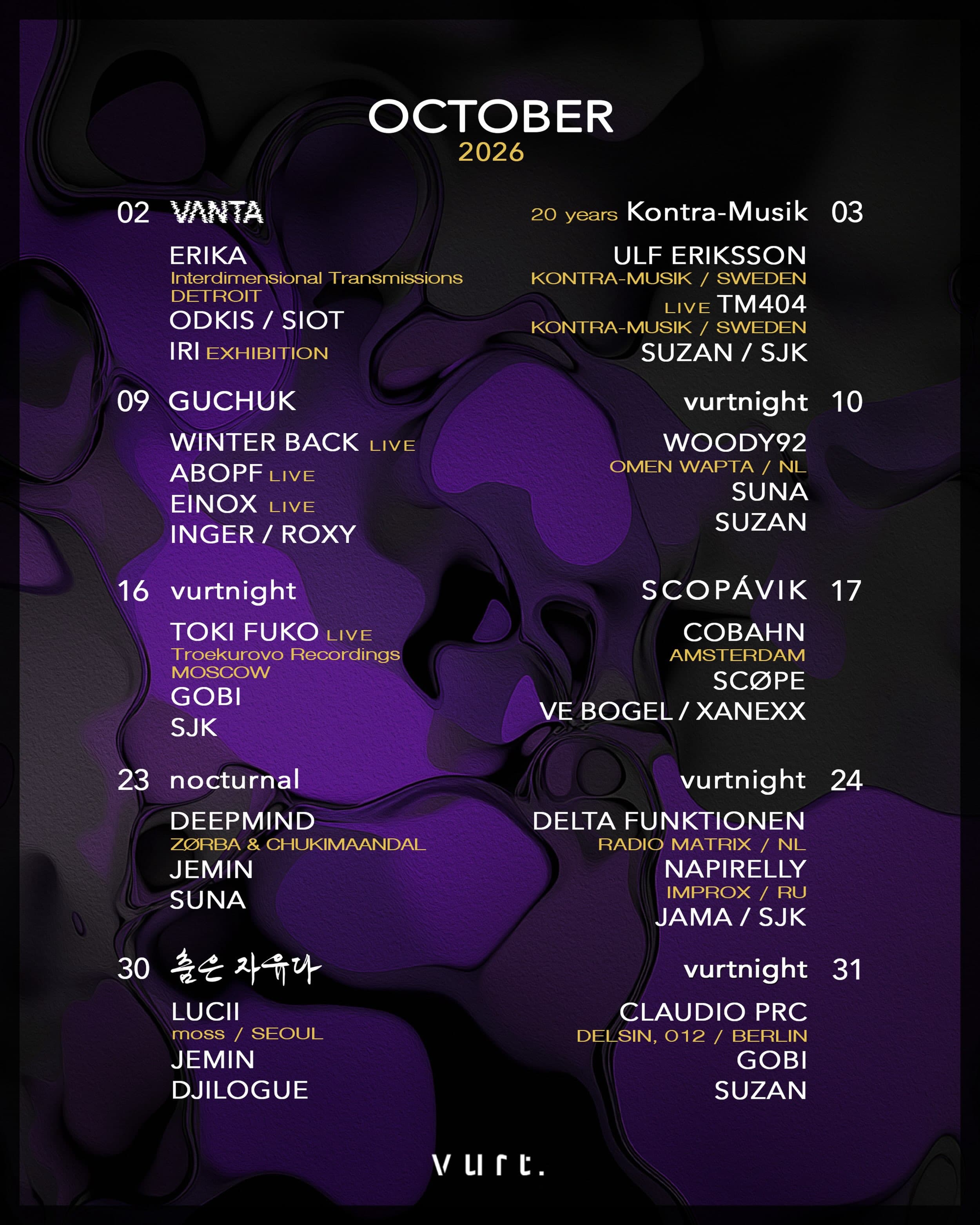 Vurt Schedule October 2026